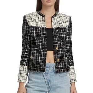 NWT Alice + Olivia Jadyn Tweed Combo Jacket Blazer Two Tone Black White Size 0